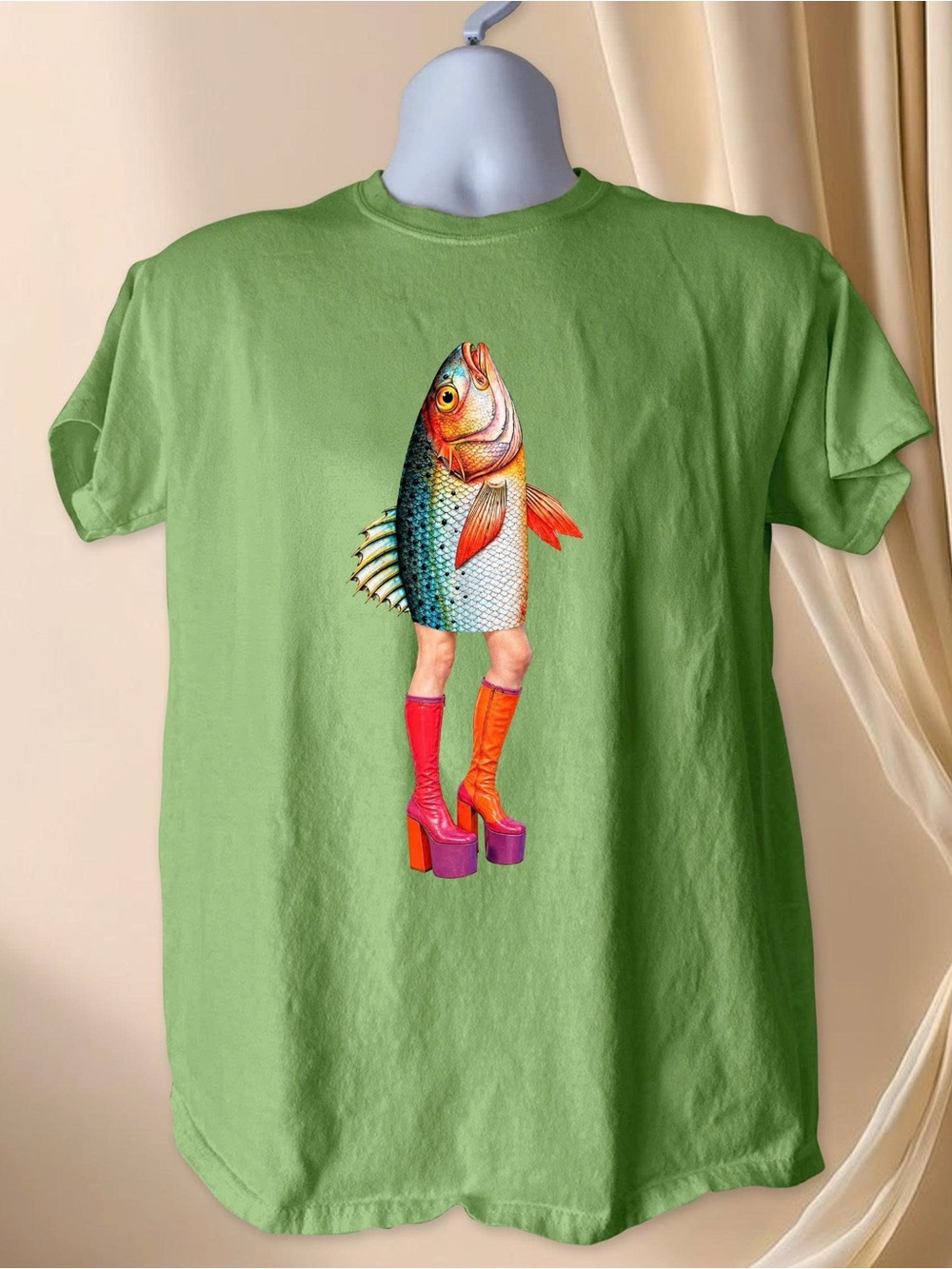 Gildan Lime Green Tee with Colorful Fish-on-Heels Graphic